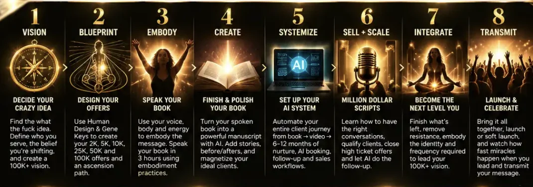 8 steps: Vision, Blueprint, Embody, Create, Systemize, Sell + Scale, Integrate, Transmit