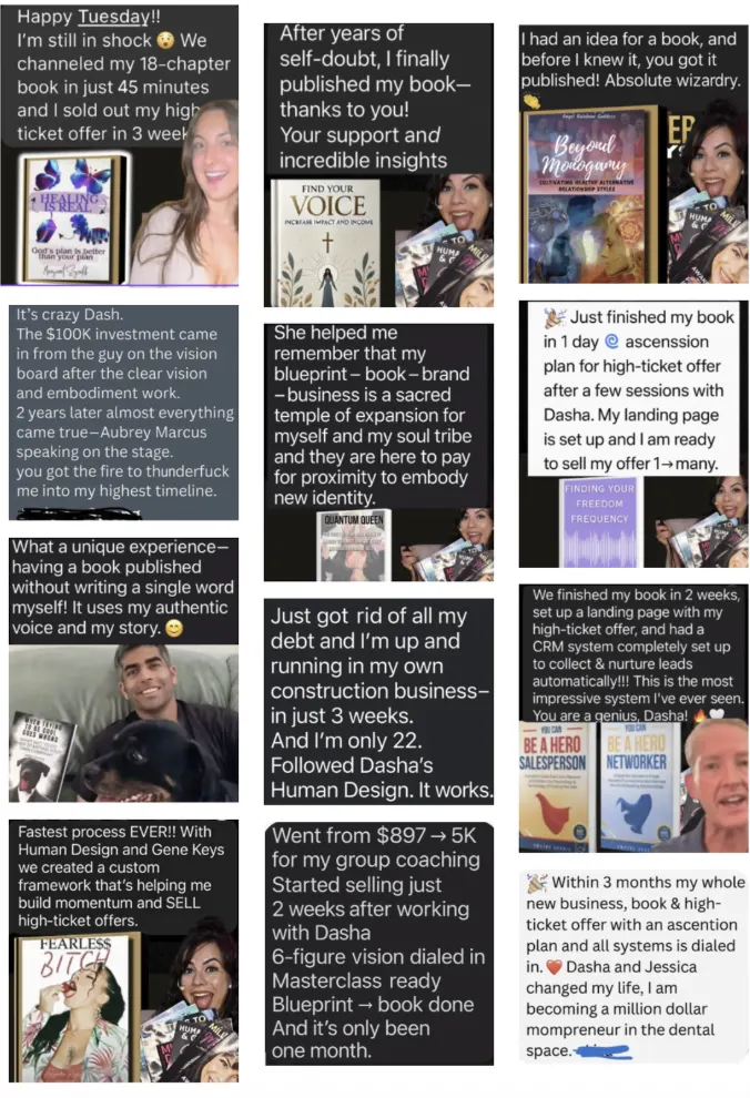 Client testimonial screenshots with their published books
